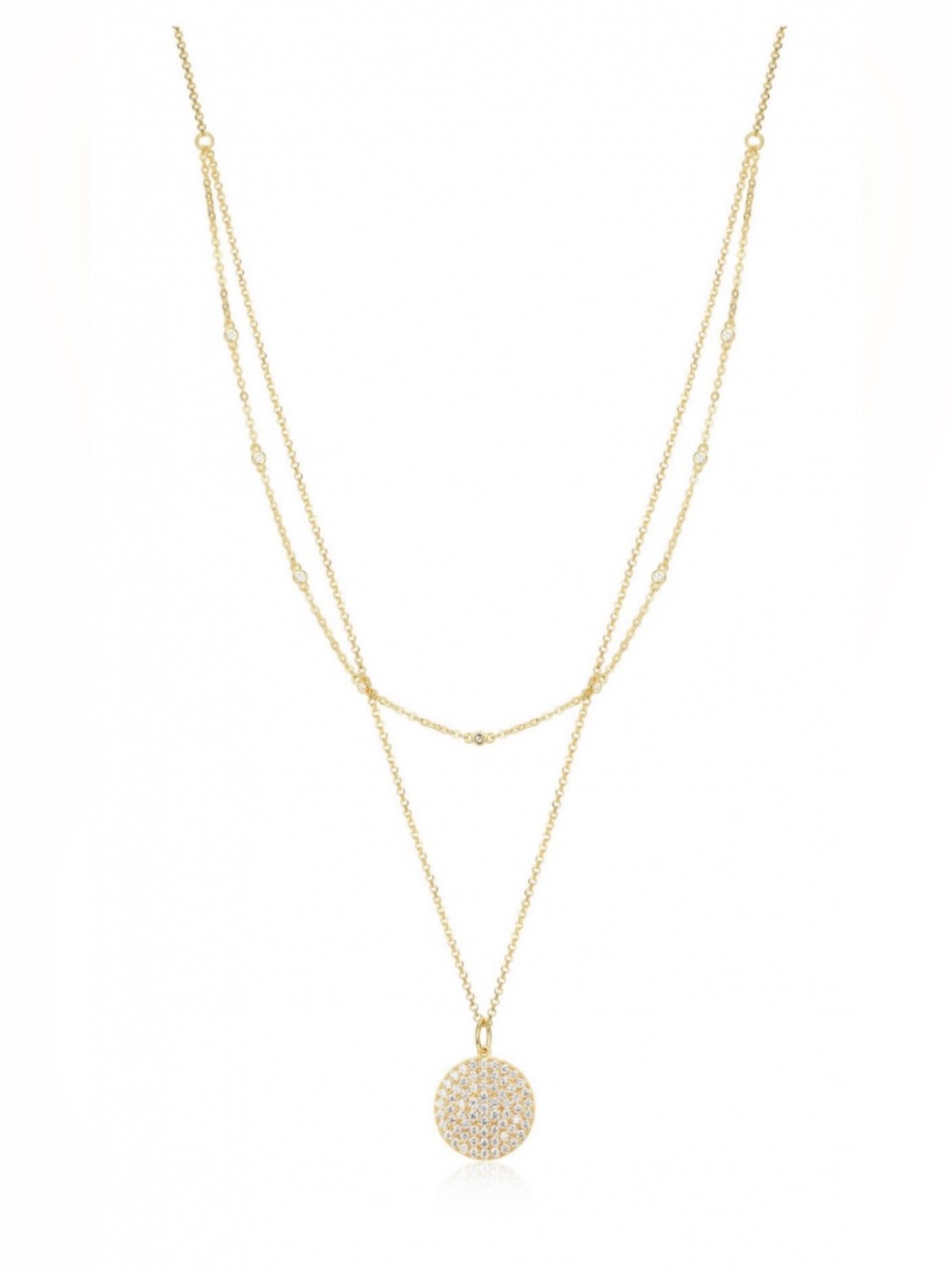 REIGN by PAJ Double Layer Pavé Disc Necklace Sterling Silver 18K Gold Plated
